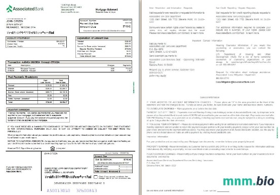 USA Associated Bank wyciąg z kredytu hipotecznego, 2 strony SCR